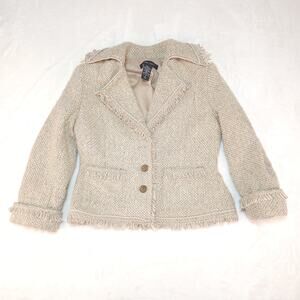 Light Academia Wool Tweed Blazer 4 Small Beige Cream Gold Fringe Notch Lapel